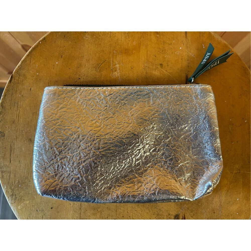 Ipsy Glam Bag Silver Crinkle Green Zipper 7.5 x 5 inch (0574)